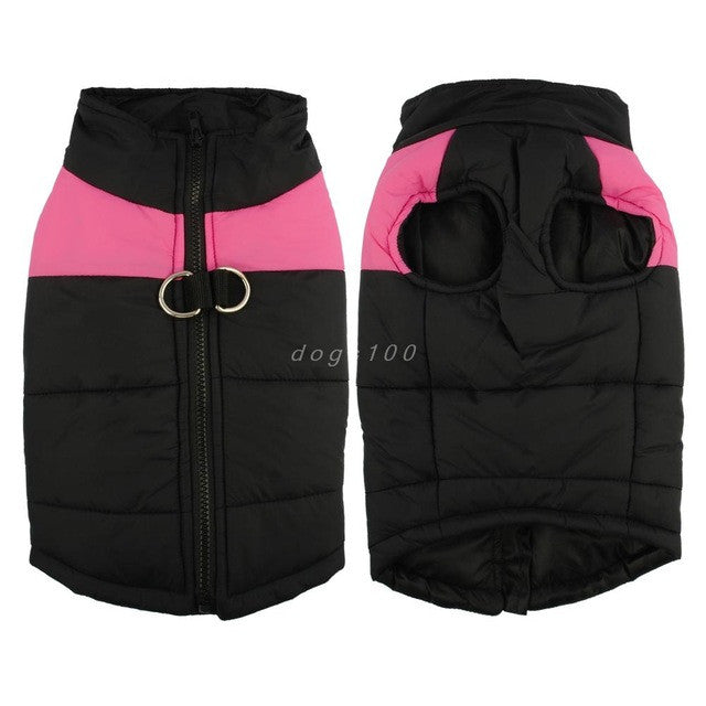 Schwarze und pinke Hundejacke mit Reißverschluss und D-Ringen, warm und wasserabweisend.
