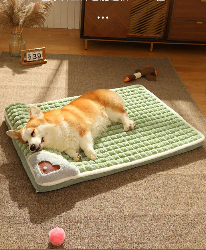 Schlafender Corgi auf grünem Hundebett, weiche Decke, gemütlich, Haustierbedarf, Wohnzimmer.
