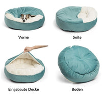 Rundes Hundebett mit eingebauter Decke, türkis, weiches Plüsch, ideal für kleine Hunde.