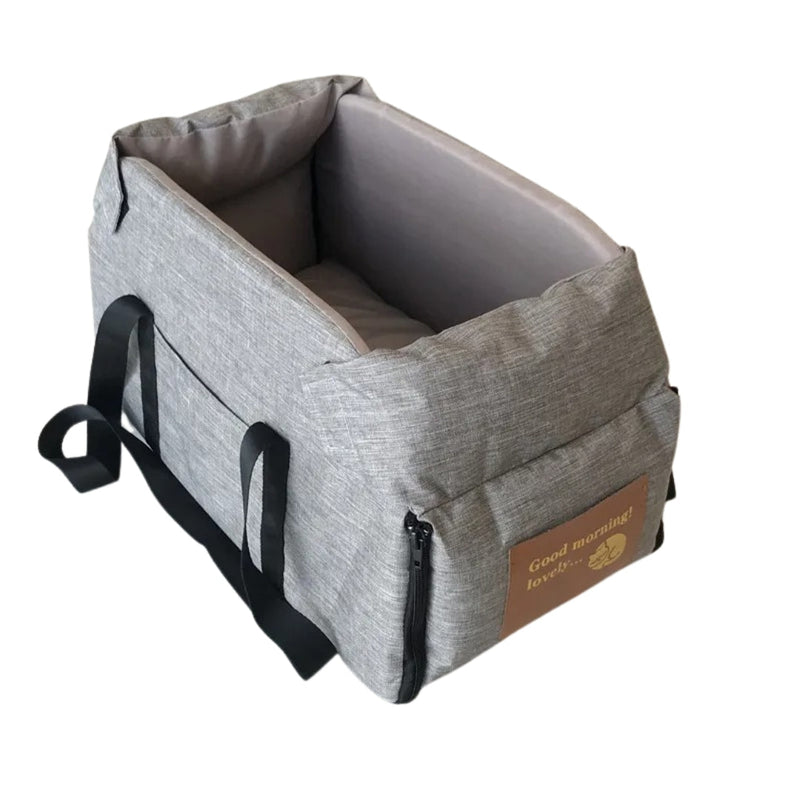 Grauer Hundesitz Auto, tragbar, sicher, mit Tasche, für Reisen, Haustiertransport.