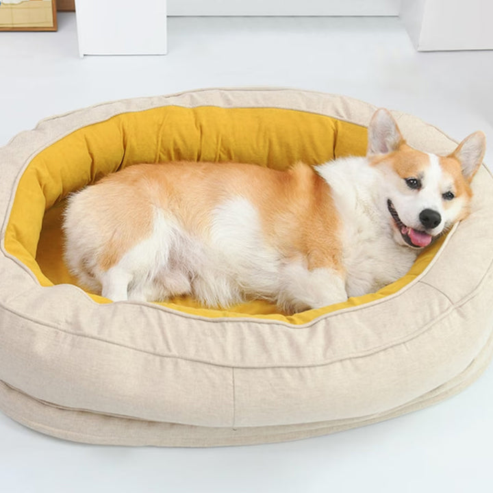 Corgi auf gelbem Hundebett, oval, bequem, aus Stoff, ideal für kleine Hunde, Haustierbedarf.
