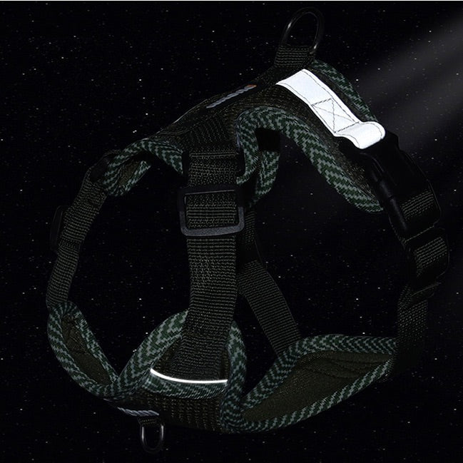 Reflektierendes, verstellbares Hundegeschirr in Dunkelgrün, robustes Nylonmaterial, für Outdoor-Aktivitäten.