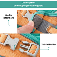 Grünes Hundegeschirr mit Sicherheitsverschluss, starkem Klettband, orangefarbenem Innenfutter.