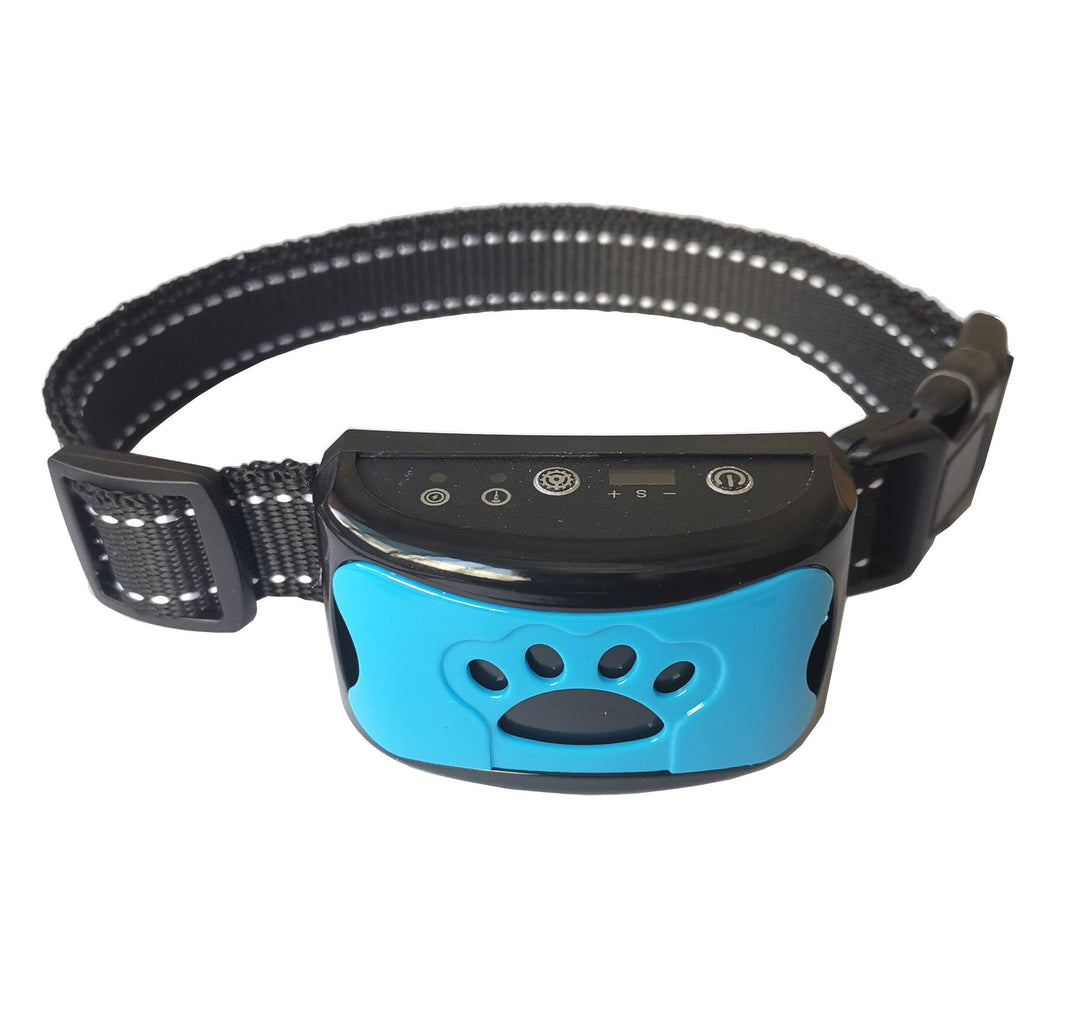 Blaues Anti-Bell-Halsband für Hunde, verstellbar, mit Vibrations- und Tonfunktion.