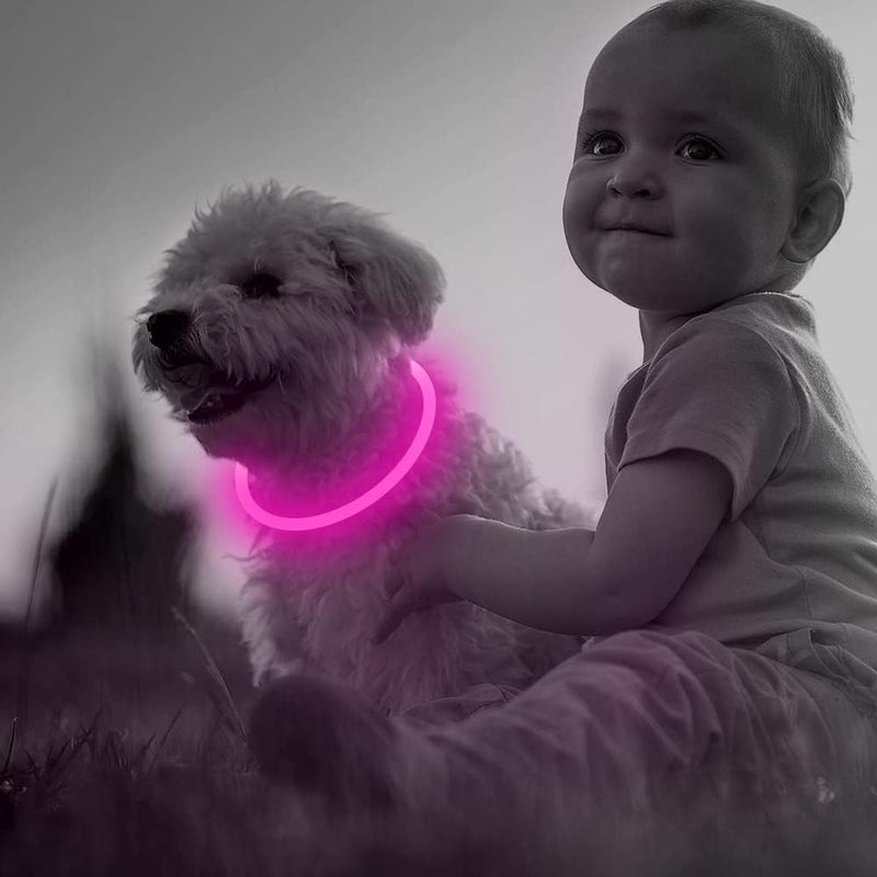 Kleinkind mit Hund, der ein leuchtendes pinkes LED-Halsband trägt, im Freien bei Dämmerung.