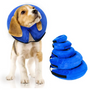 Beagle-Welpe mit blauem aufblasbarem Hundehalsband, stapelbare Kissen, Haustierzubehör.