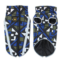 Hundemantel geometrisches Muster, blau-schwarz, Reißverschluss, wasserdicht, Winterbekleidung.