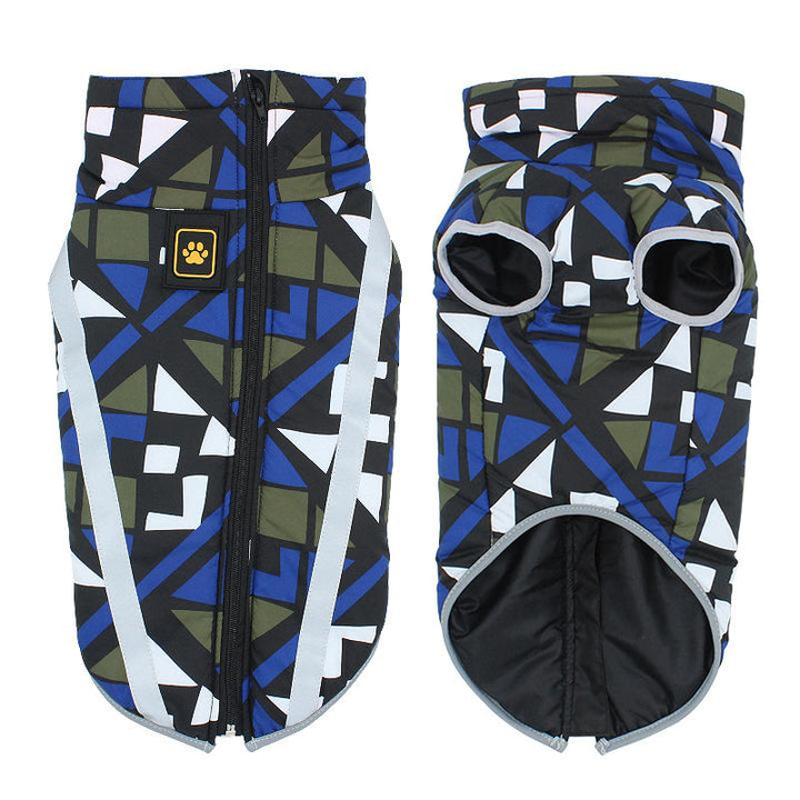 Hundemantel geometrisches Muster, blau-schwarz, Reißverschluss, wasserdicht, Winterbekleidung.