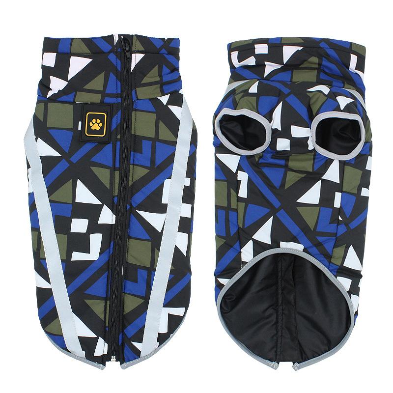Hundemantel geometrisches Muster, blau-schwarz, Reißverschluss, wasserdicht, Winterbekleidung.