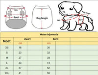 Größentabelle für Hundebekleidung, Maße in cm, Brust, Rückenlänge, Halsumfang, XS bis 2XL.