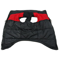 Schwarze Hundejacke mit roten Akzenten, wasserdicht, warm, Reißverschluss, Winterbekleidung.