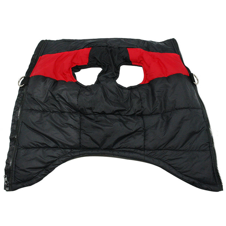 Schwarze Hundejacke mit roten Akzenten, wasserdicht, warm, Reißverschluss, Winterbekleidung.