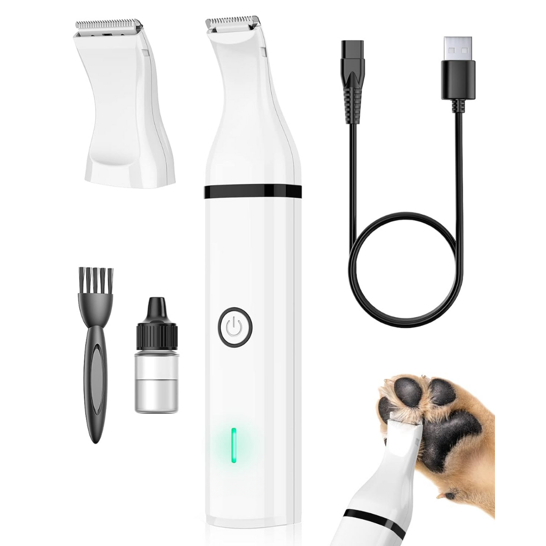 Hundepflege-Trimmer Set, weiß, kabellos, USB-Ladekabel, Aufsatz, Bürste, Ölflasche.