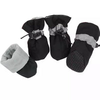 Schwarze Hundeschuhe mit grauem Fleece, rutschfeste Sohle, verstellbarer Verschluss, 4er-Set.