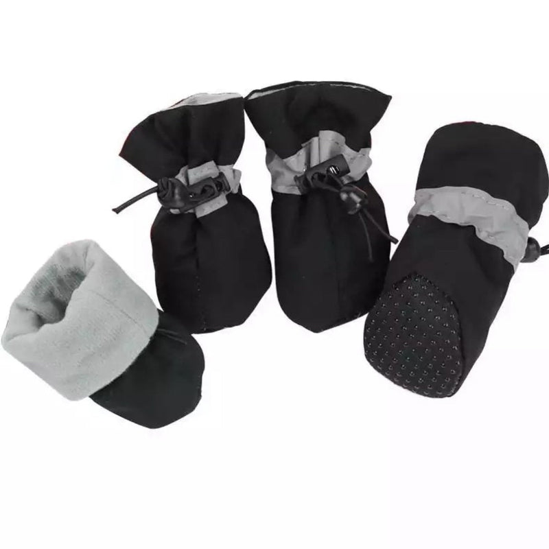 Schwarze Hundeschuhe mit grauem Fleece, rutschfeste Sohle, verstellbarer Verschluss, 4er-Set.