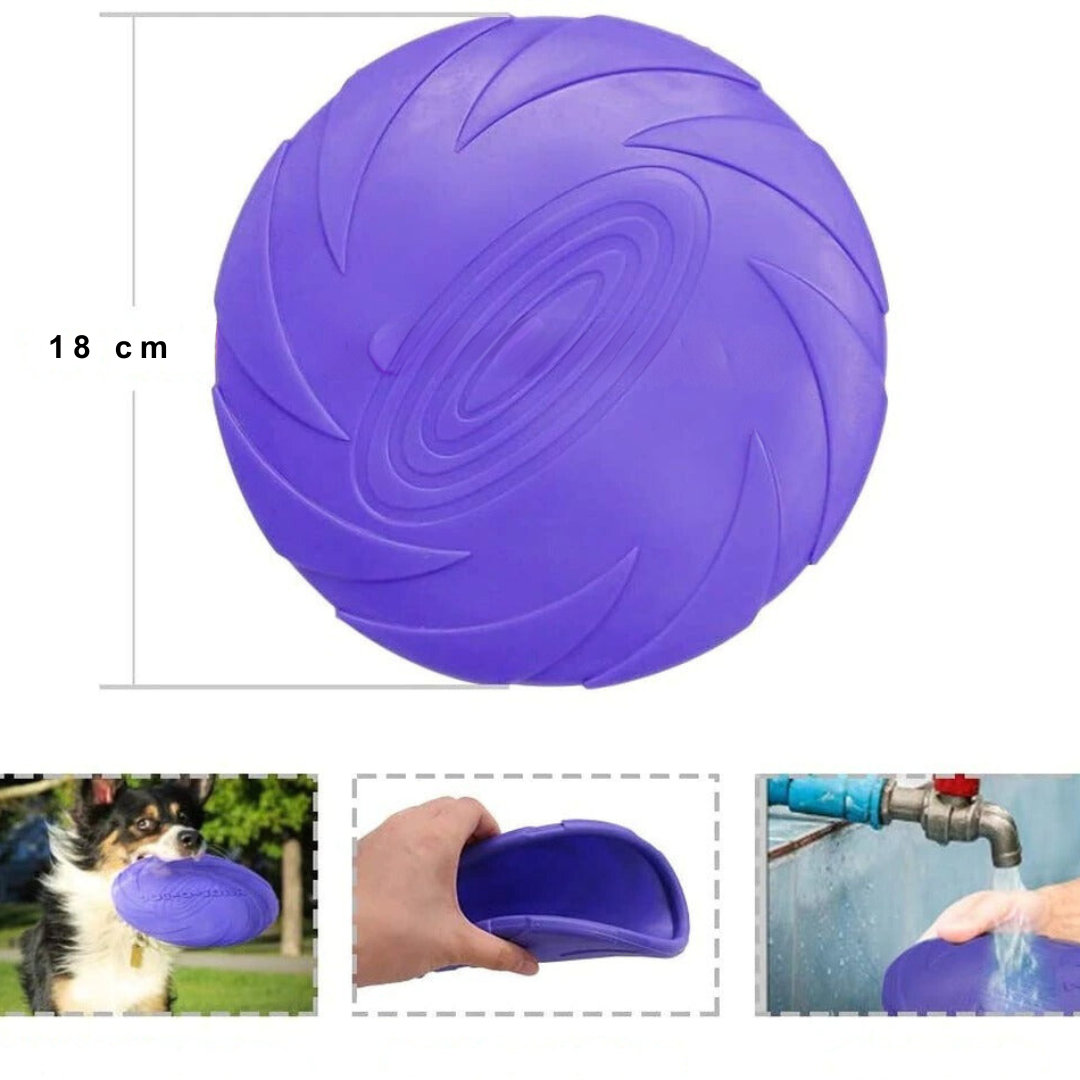 Lila Hundespielzeug Frisbee, 18 cm, aus Gummi, robust und wasserfest, ideal für Apportierspiele.