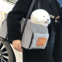 Kleine weiße Hund in grauer Tragetasche mit braunem Lederetikett, getragen von Person in schwarzem Mantel.