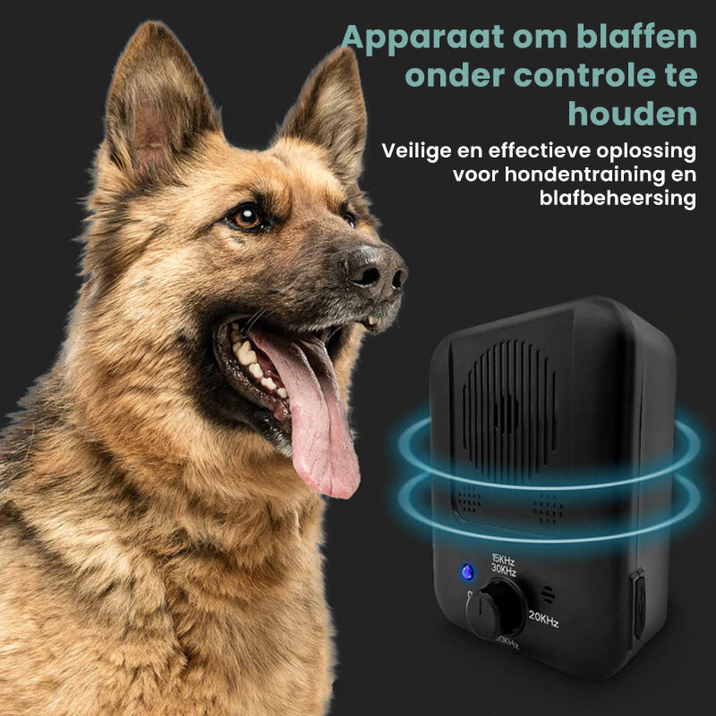 Deutscher Schäferhund neben Ultraschall-Anti-Bellgerät, schwarz, für Hundetraining.