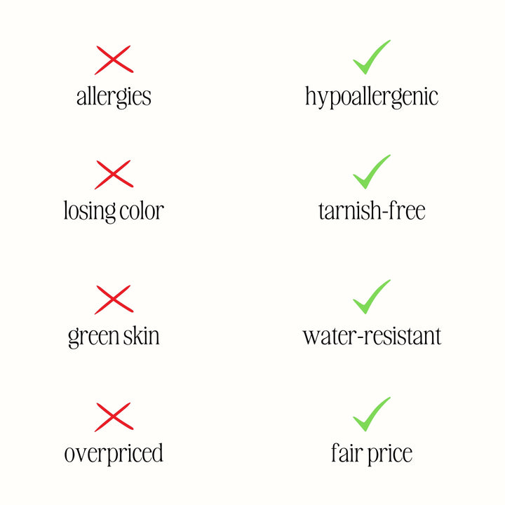 Hypoallergenischer, wasserfester Schmuck, anlaufsicher, fairer Preis, keine Allergien.