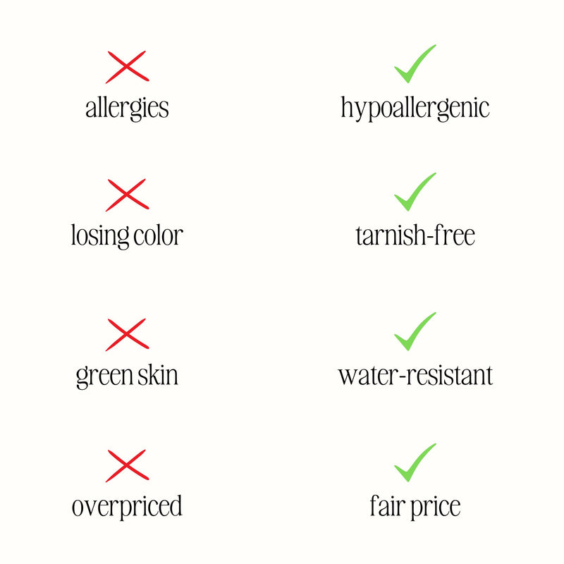 Hypoallergenischer, wasserfester Schmuck, anlaufsicher, fairer Preis, keine Allergien.