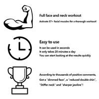 Schwarz-weiße Grafik mit Muskelarm, Uhr und Pokal, Text über Gesichtstraining und schnelle Ergebnisse.