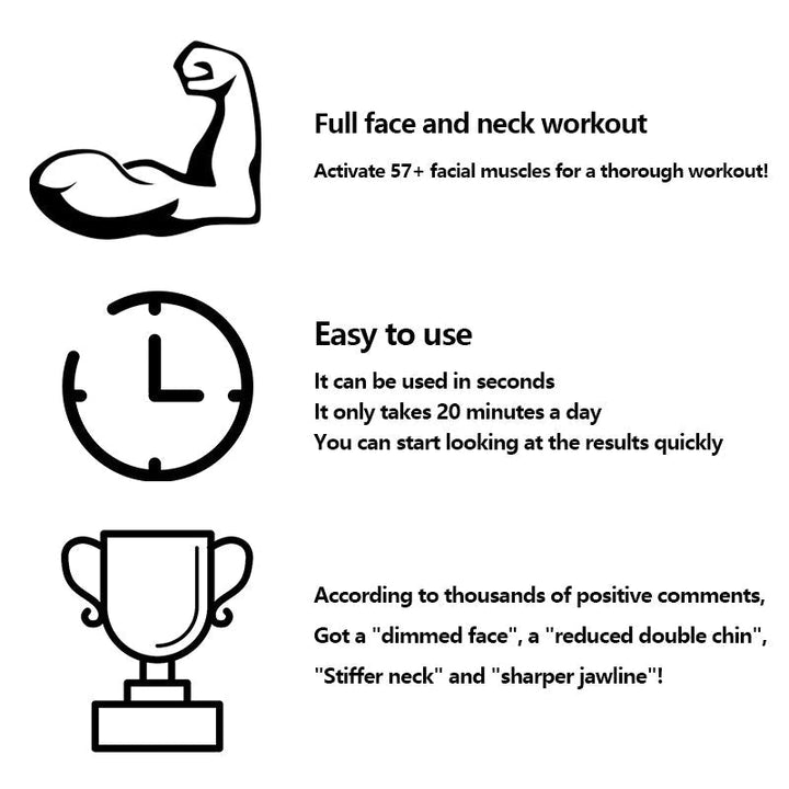 Schwarz-weiße Grafik mit Muskelarm, Uhr und Pokal, Text über Gesichtstraining und schnelle Ergebnisse.