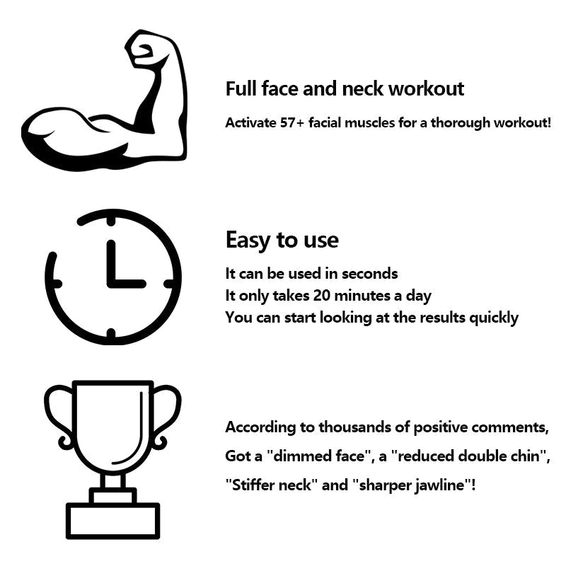 Schwarz-weiße Grafik mit Muskelarm, Uhr und Pokal, Text über Gesichtstraining und schnelle Ergebnisse.