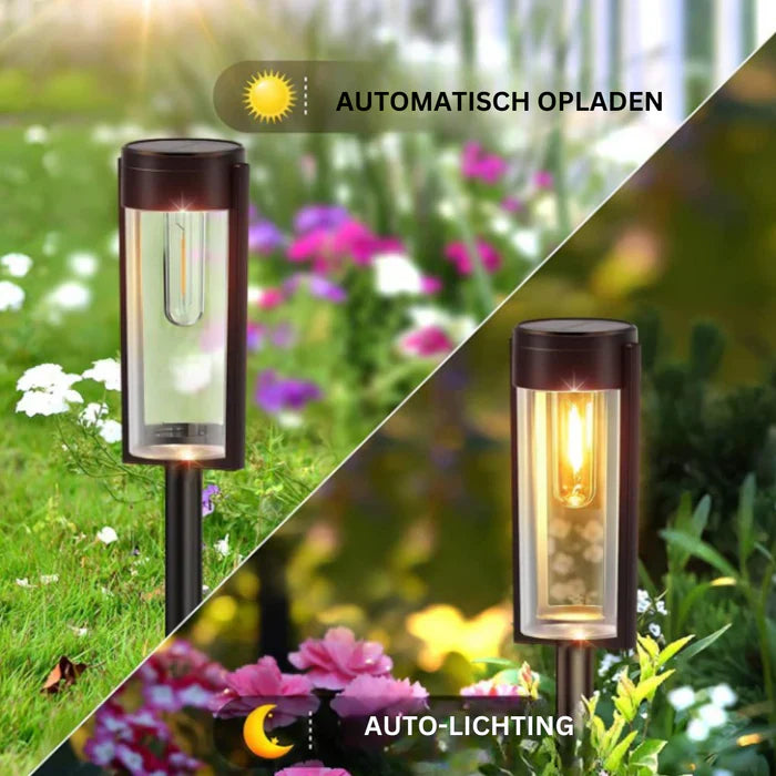 Solar-Gartenleuchte, automatisch aufladend, LED, schwarz, für Außenbereich, energiesparend.