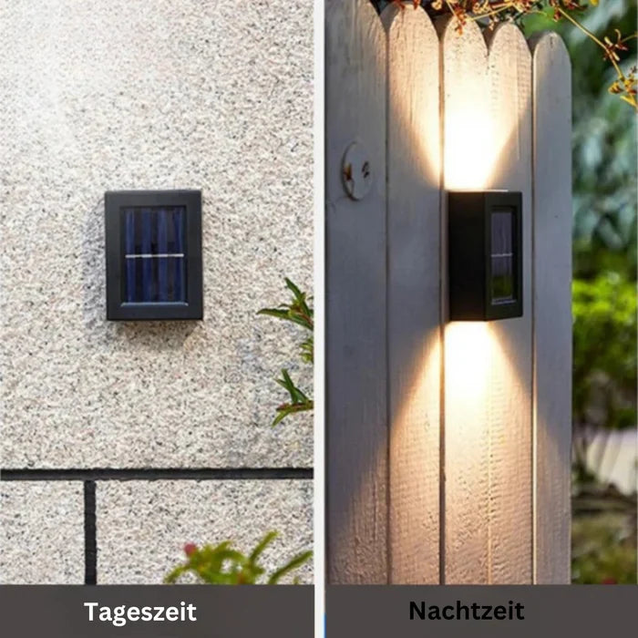 Solar-Wandleuchte für Außenbereich, schwarz, Tag-Nacht-Sensor, energiesparend, wetterfest.