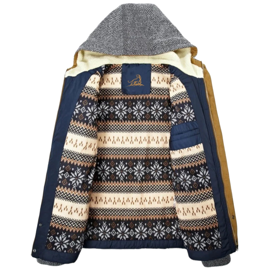 Offene Winterjacke mit Norwegermuster, blau-beige, Fleece-Innenfutter, Herrenmode, warm.