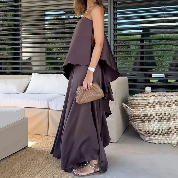 Zweiteiliges Schulterfreies Blusen- und Maxirock-Set für Damen – Jolina