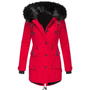 Rote Damen-Winterjacke mit Kapuze, Kunstfellbesatz, warm, modisch, Outdoor-Bekleidung.