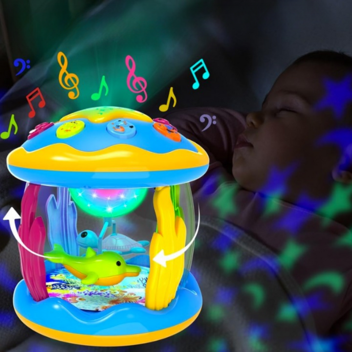 Buntes Baby-Nachtlicht mit Musik, Fischmotiv, beruhigend, LED-Projektor, Schlafhilfe.