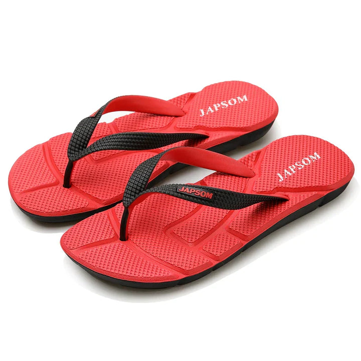 Rote Herren-Flip-Flops aus Gummi mit schwarzem Riemen, Japsom-Logo, Sommer-Sandalen.