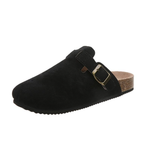 Schwarzer Wildleder-Clog mit Schnalle, bequeme Korksohle, modischer Freizeitschuh.