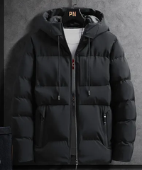 Schwarze Daunenjacke mit Kapuze, Reißverschluss, warm, Wintermode, Herrenbekleidung.