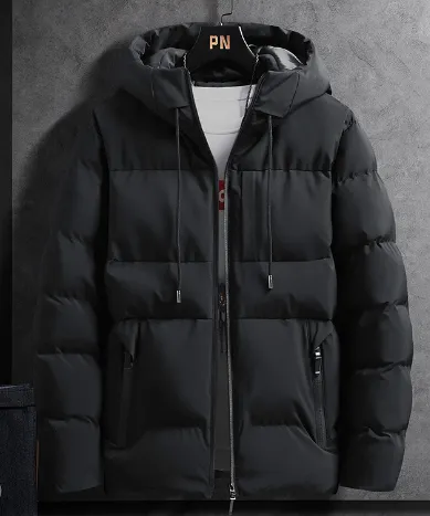 Schwarze Daunenjacke mit Kapuze, Reißverschluss, warm, Wintermode, Herrenbekleidung.