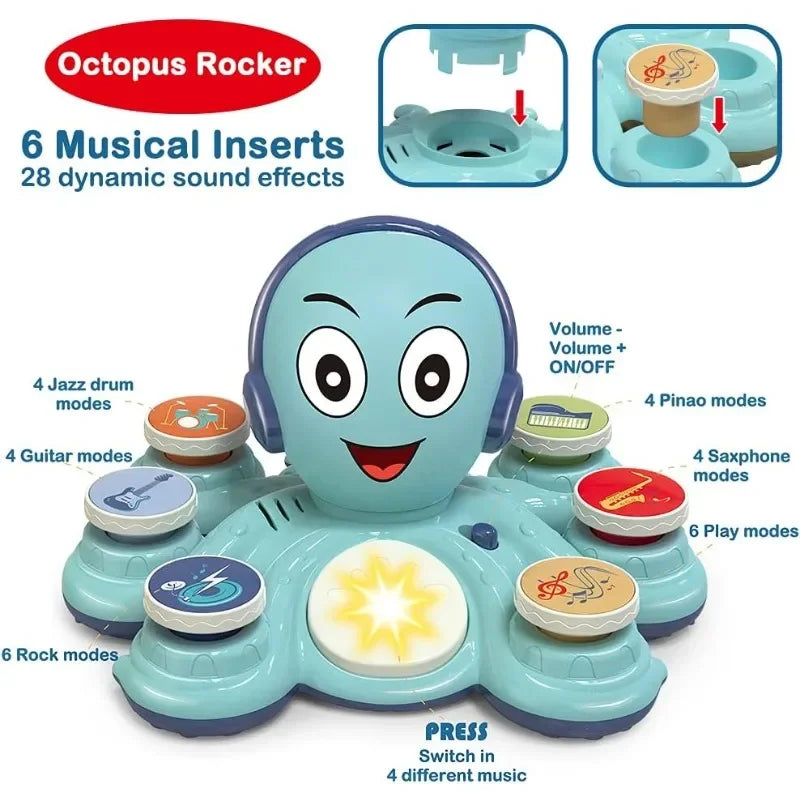 Blauer Octopus-Musikspielzeug mit 6 Musikeinsätzen, 28 Soundeffekten, Kinderinstrument.