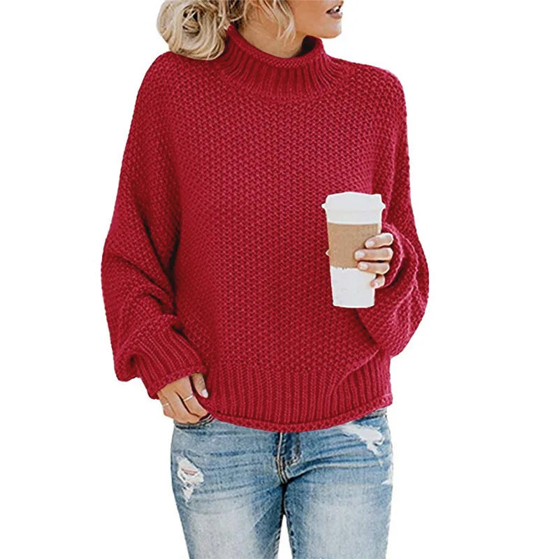 Frau in rotem Strickpullover mit Kaffeebecher, lässige Mode, Herbstoutfit, Damenbekleidung.