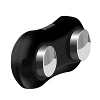 Schwarzes Massagegerät mit zwei silbernen Köpfen, tragbar, ergonomisch, für Muskelentspannung.