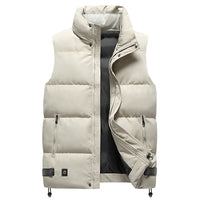Beige Herren-Daunenweste, ärmellos, Reißverschluss, Wintermode, warm, Outdoor-Bekleidung.
