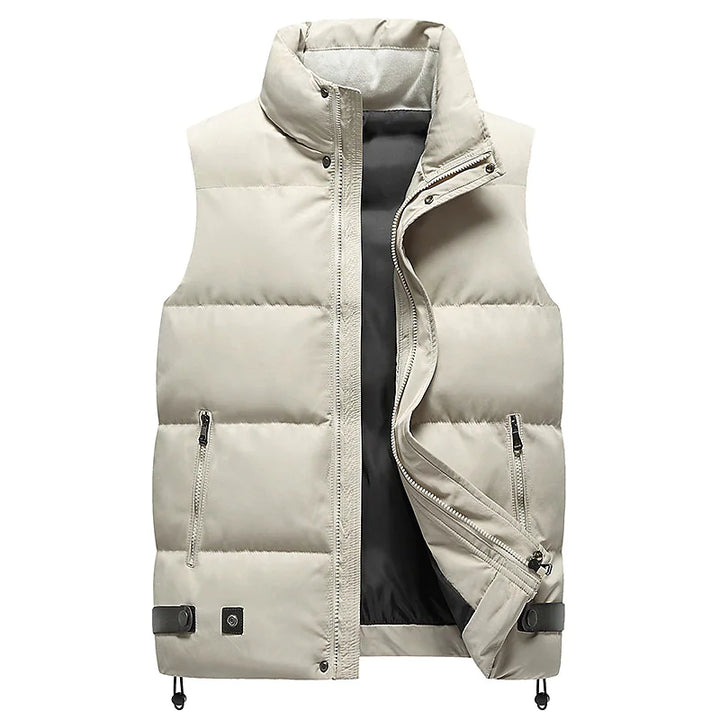 Beige Herren-Daunenweste, ärmellos, Reißverschluss, Wintermode, warm, Outdoor-Bekleidung.