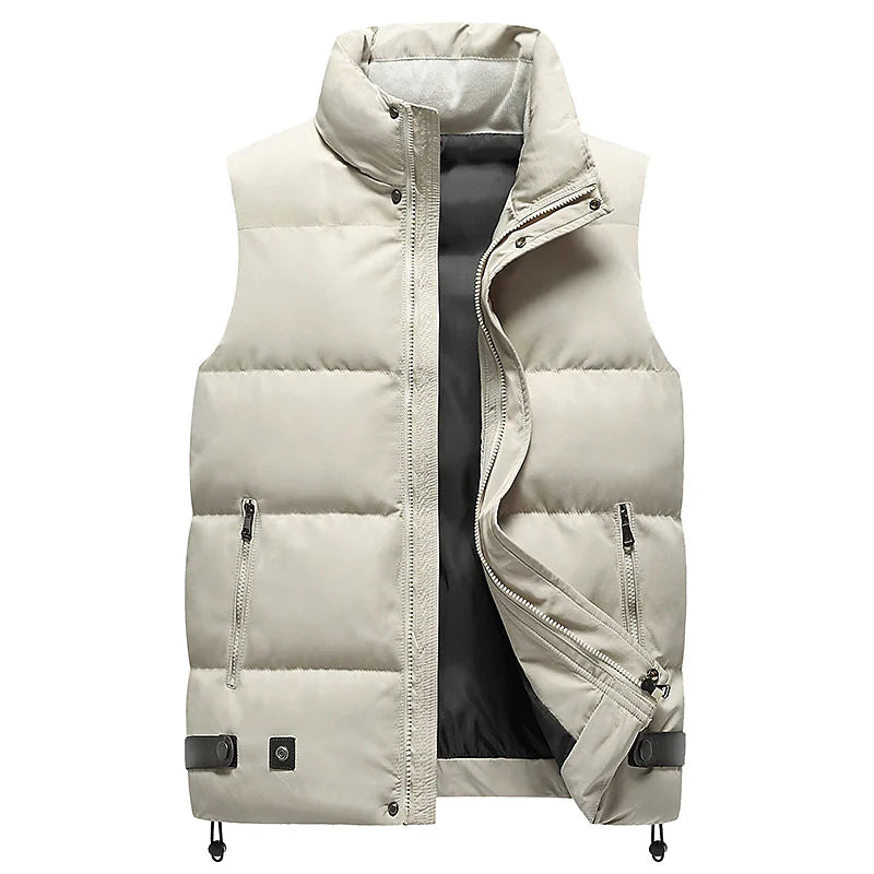 Beige Herren-Daunenweste, ärmellos, Reißverschluss, Wintermode, warm, Outdoor-Bekleidung.