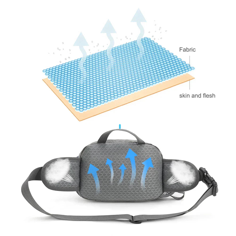Graue, atmungsaktive Gürteltasche mit verstellbarem Riemen, ideal für Outdoor-Aktivitäten.