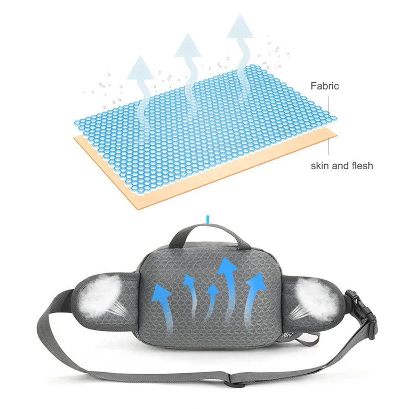 Graue, atmungsaktive Gürteltasche mit verstellbarem Riemen, ideal für Outdoor-Aktivitäten.