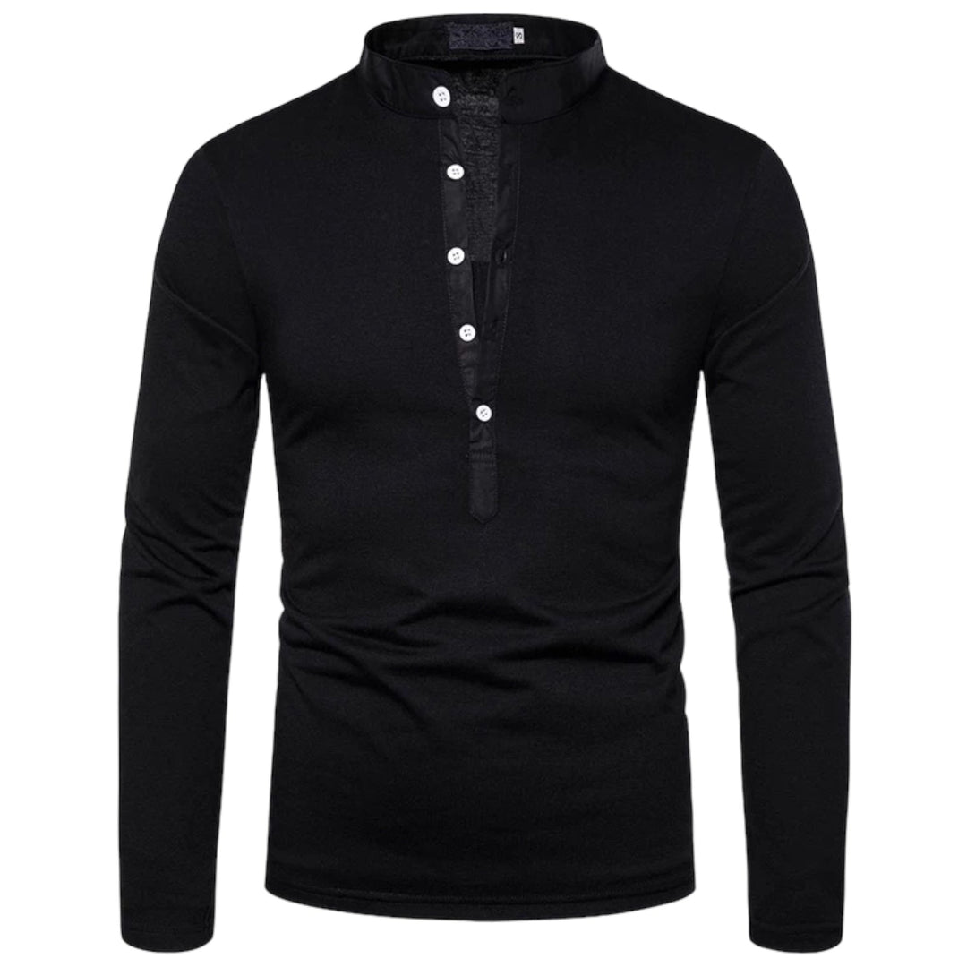 Schwarzes Herren-Langarmshirt mit Stehkragen und Knopfleiste, Baumwolle, elegant, modisch.