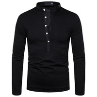 Schwarzes Herren-Langarmshirt mit Stehkragen und Knopfleiste, Baumwolle, elegant, modisch.