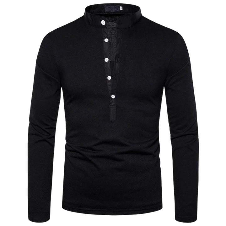 Schwarzes Herren-Langarmshirt mit Stehkragen und Knopfleiste, Baumwolle, elegant, modisch.