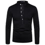 Schwarzes Herren-Langarmshirt mit Stehkragen und Knopfleiste, Baumwolle, elegant, modisch.