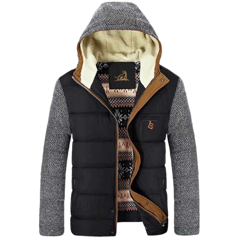 Herren Winterjacke mit Kapuze, schwarz-grau, gefüttert, warm, modisch, Outdoor-Bekleidung.